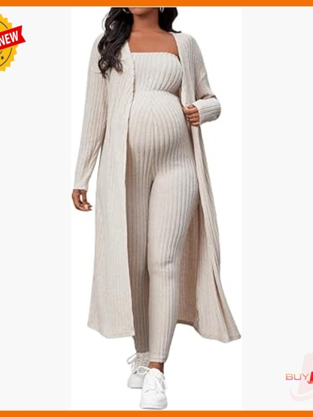 Maternity Ribbed Jumpsuit Cardigan Set Large Polyester Blend Stretchy